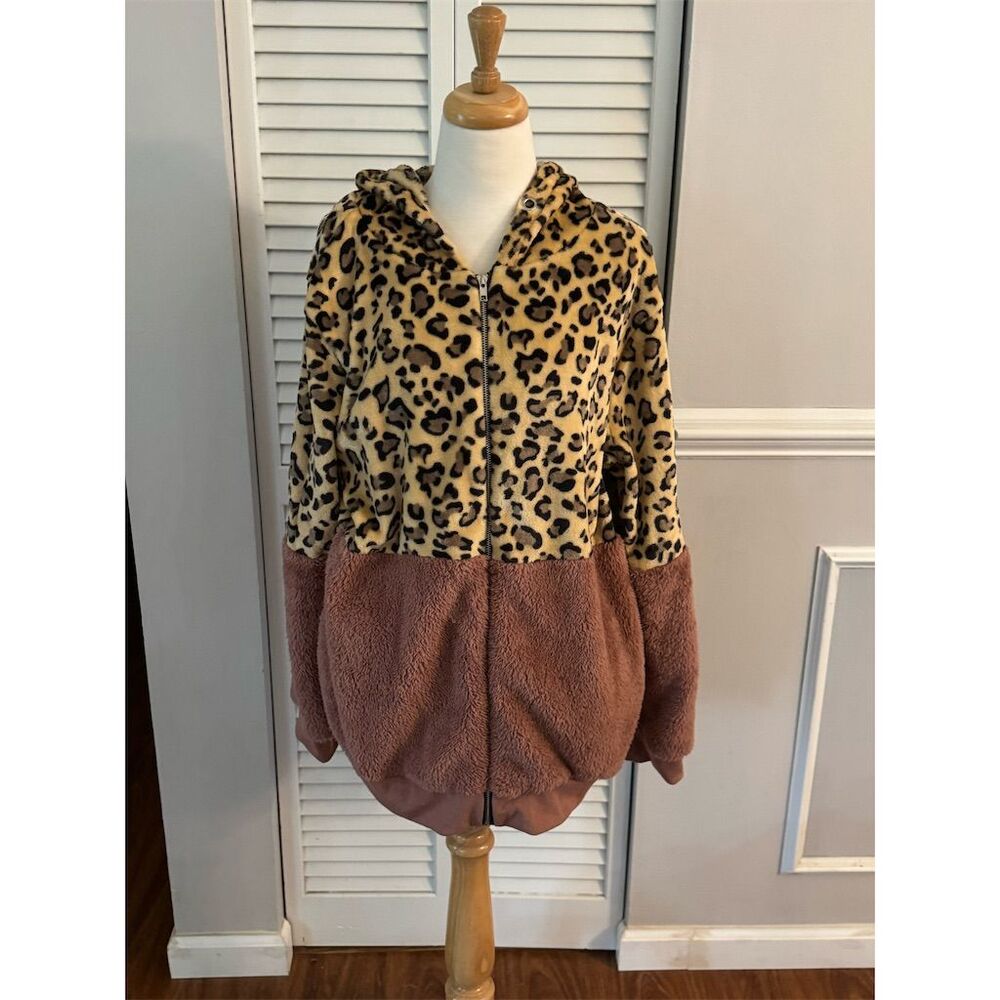 Women's 2XL Vintage Cheetah Print Fleece Zip-Up Hoodie Jacket